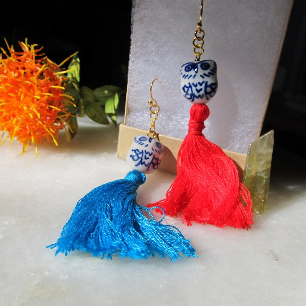 Tassel Earrings with Ceramic Owl- Mismatched color